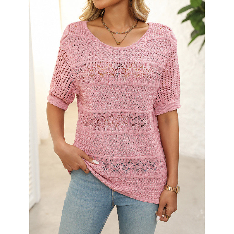 Women’s Short Sleeve Crochet Knit Hollow-Out Top FitiqueFit