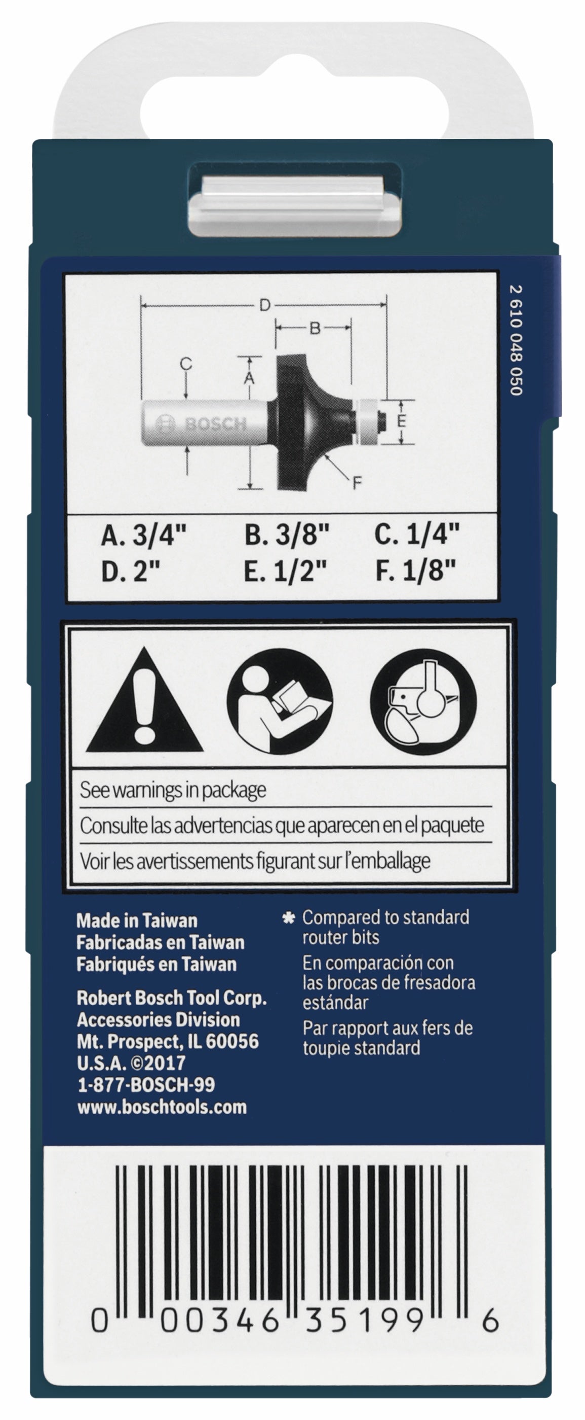 BOSCH 85290MC 1/8 In. x 3/8 In. Carbide-Tipped Roundover Router Bit VM Hardware