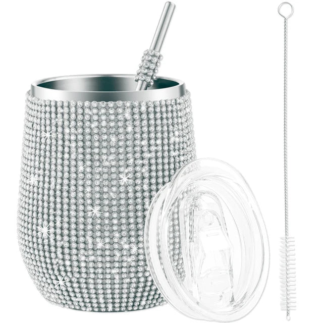 12oz Diamond Wine Tumbler With Sealed Lid Vacuum Thermo Beer Mug Cup Stainless Steel Mug Cup Champagne Party Bridemaid Gift