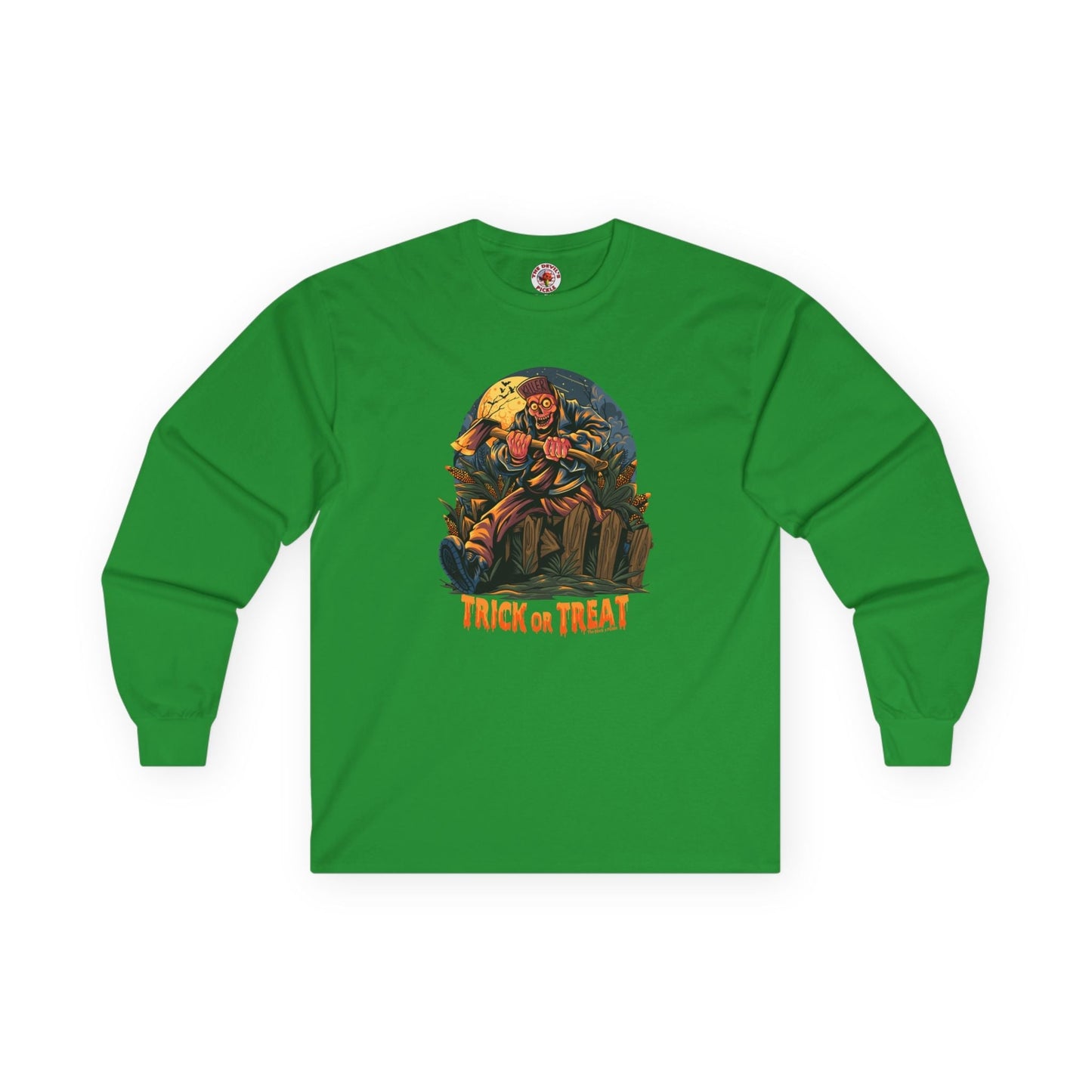 Axe Wielding Zombie Trick or Treat Long Sleeve Tee The Devil's Pickle