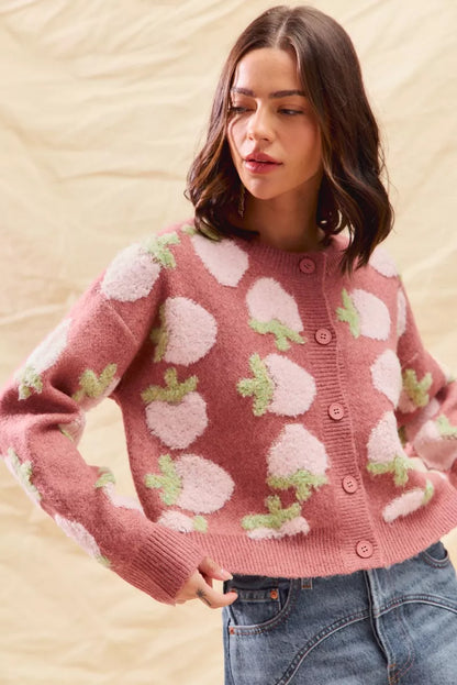 SO ME Strawberry Fruit All Over Button Sweater Cardigan FitiqueFit