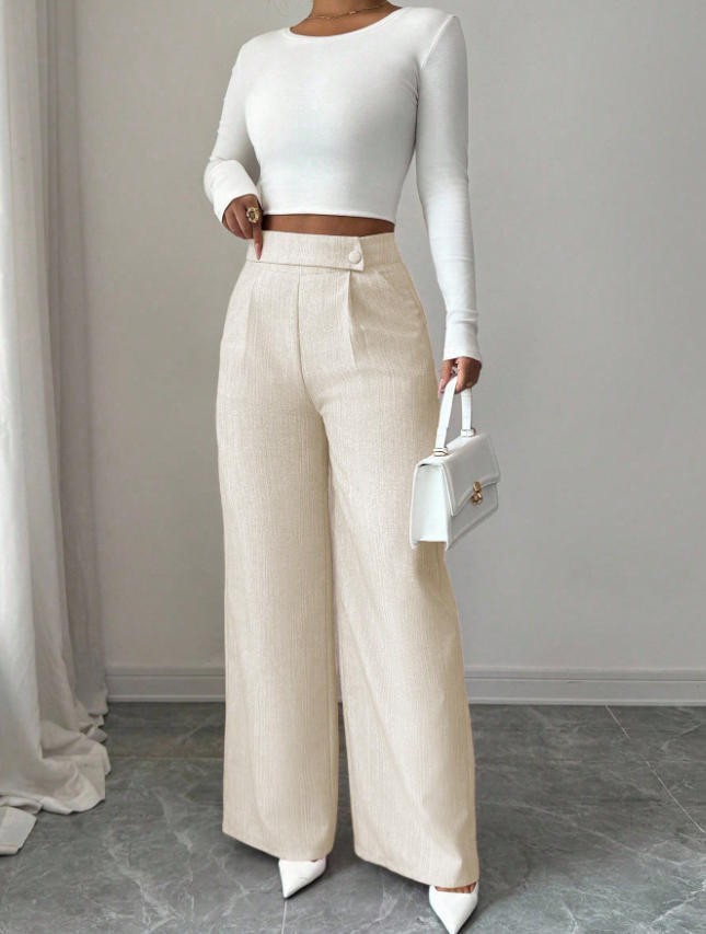 Women's High-Waist Straight-Leg Pants – Solid Color Button Detail Full Length FitiqueFit