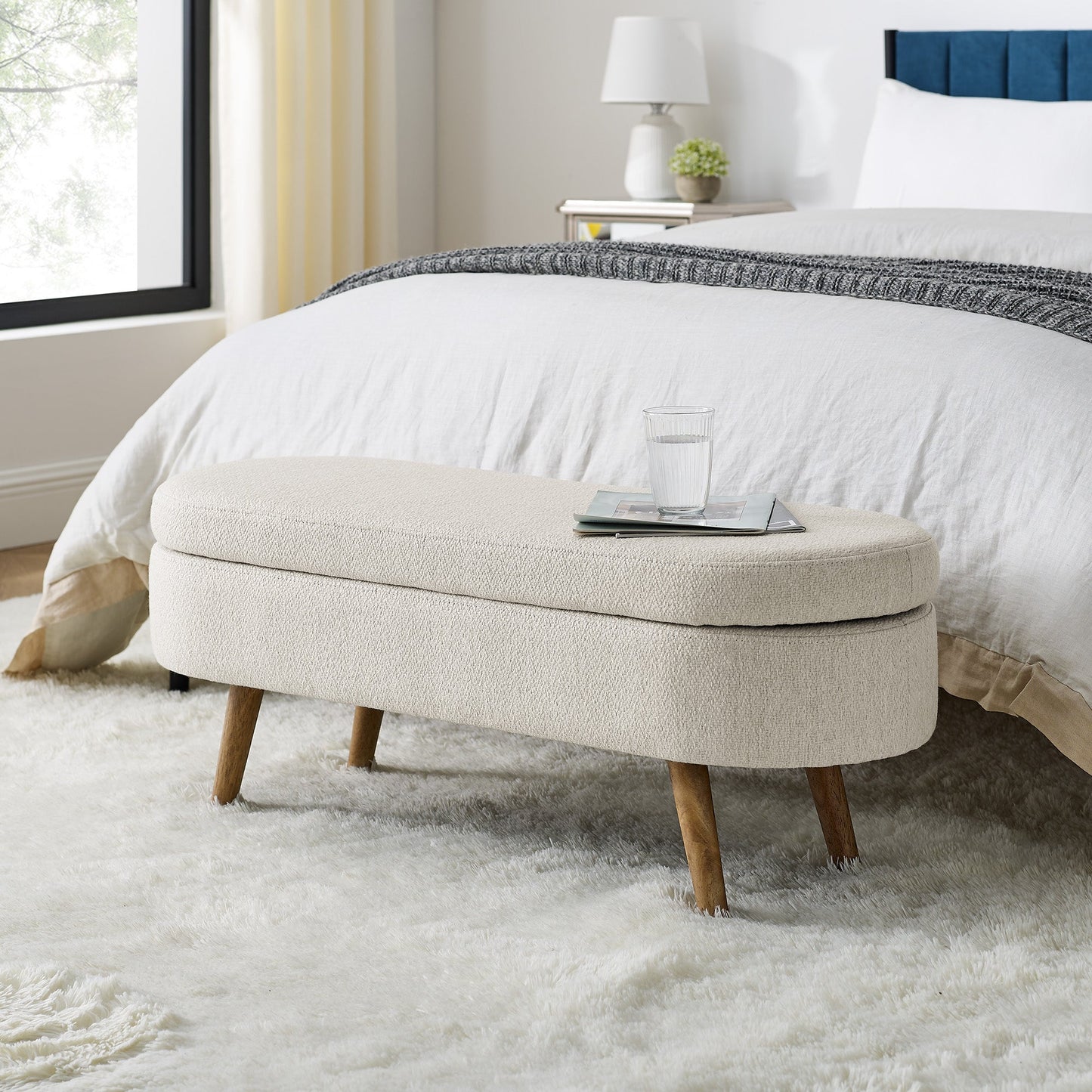 Ottoman Oval Storage Bench Rubber Wood Legs Beige(43.5"x16"x16")