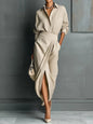 Women's Irregular Pleated Midi Dress – Elegant High-Waist Long Sleeve FitiqueFit