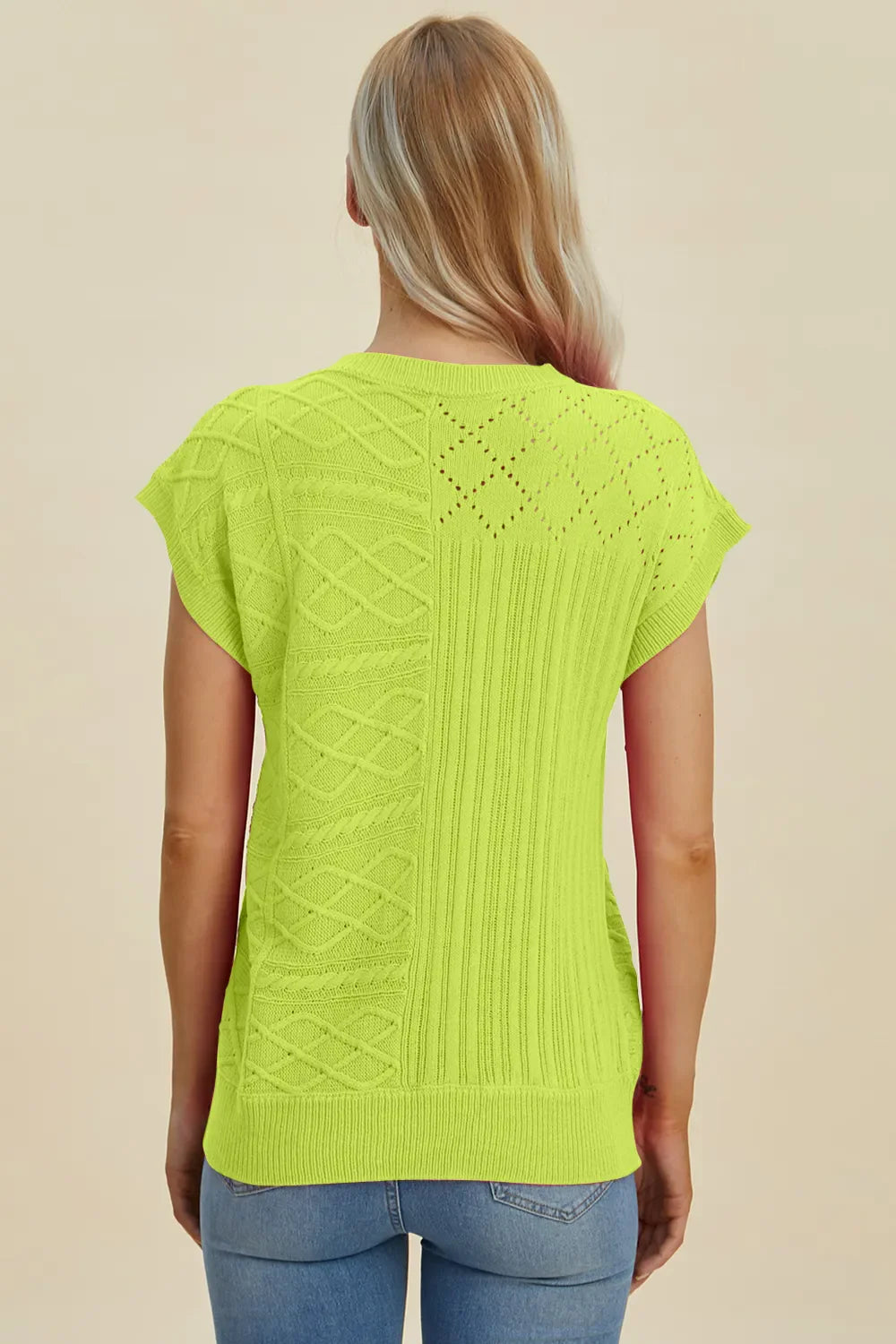Double Take Full Size Cable-Knit Round Neck Cap Sleeve Sweater New Era Fashion LLc