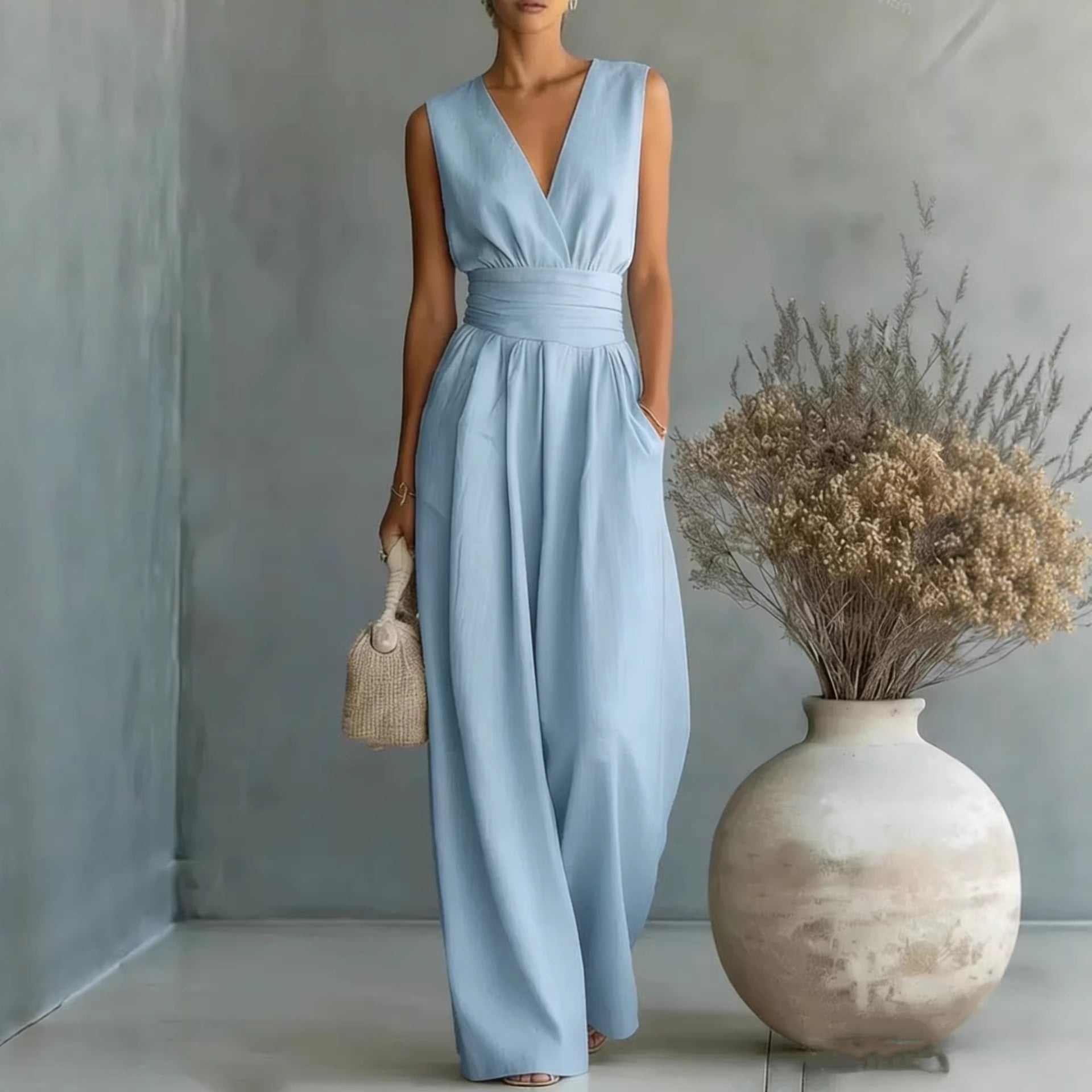 Women's Elegant V-Neck Sleeveless Jumpsuit – Waist-Cinching Straight Leg FitiqueFit