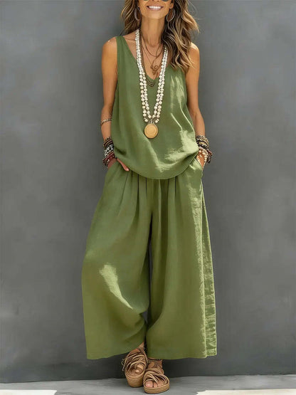 Women’s Cotton Linen Sleeveless Tank Top and Wide-Leg Pants Set FitiqueFit