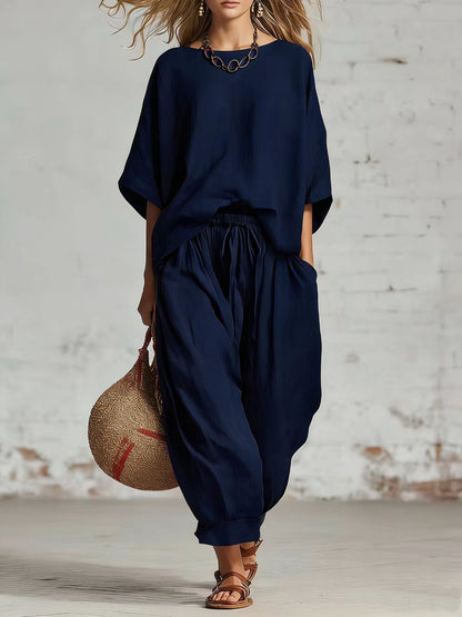 Women's Solid Color Loose Casual Set – T-Shirt & Ankle Pants FitiqueFit