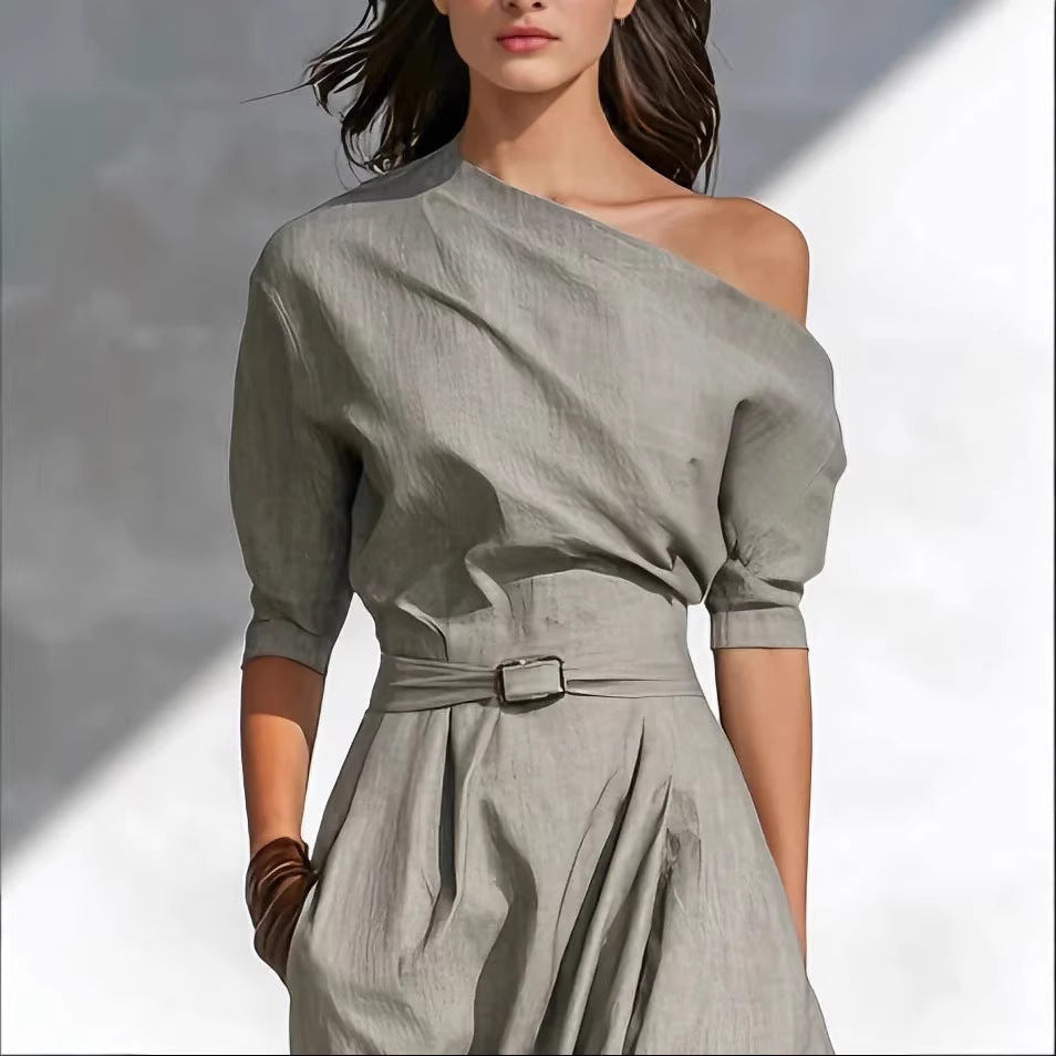 Women’s One-Shoulder Long Dress – Slanted Shoulder Waist-Defined Style FitiqueFit