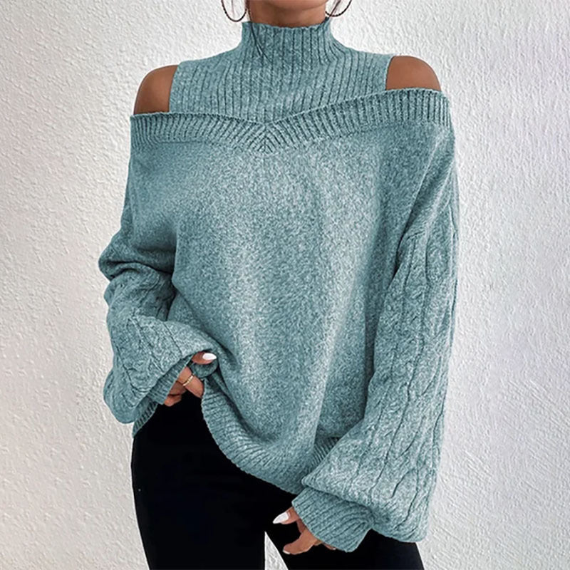 Women’s Elegant Off-Shoulder Turtleneck Sweater — Long Sleeve Knit Top FitiqueFit