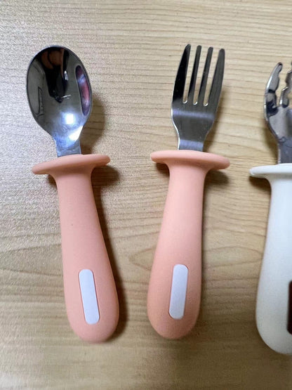 Adjustable color PPSU silicone fork and spoon set, children's stainless steel spoon and fork, baby training supplementary food tableware set of 2 pieces