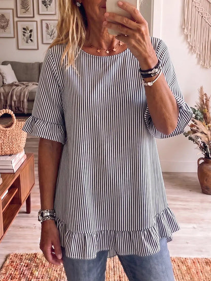 Women's Striped Ruffle-Sleeve Loose-Fit Blouse – Three-Quarter Sleeve FitiqueFit