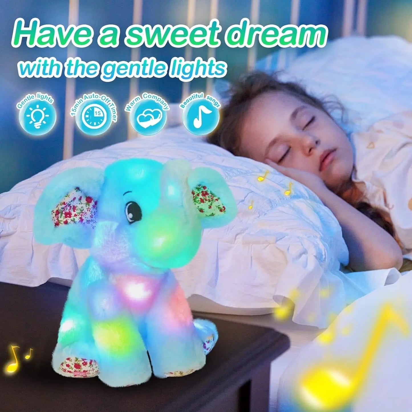 12-Inch Musical Light-Up Elephant Plush Toy - Adorable LED Nightlight with Lullabies for Kids - Perfect Gift for Birthdays and Special Occasions