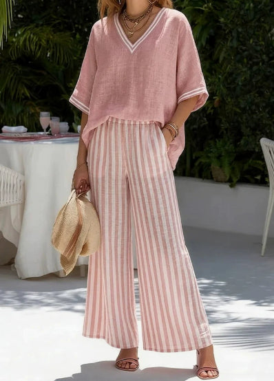 Women's Striped Tunic Top & Casual Trousers Two-Piece Set FitiqueFit
