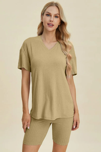 Basic Bae Full Size Ribbed V-Neck Short Sleeve Top and Shorts Set New Era Fashion LLc