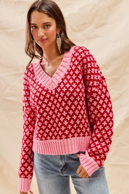 SO ME Color Block Textured Christmas Sweater V Neck Top FitiqueFit
