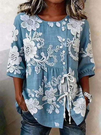 Women's Floral 3D Print Pullover Top – Loose Fit Elegant Casual S to 3XL FitiqueFit