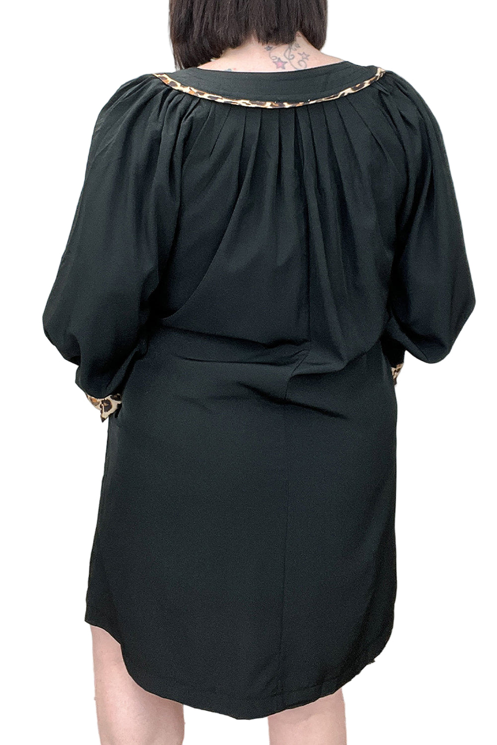 Black Plus Size Notched Neck Leopard Trim Flounce Long Sleeve Shift Dress Garden Naked Curves