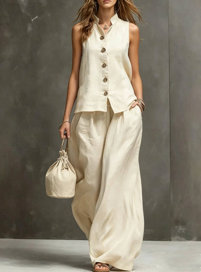 Women's Sleeveless Vest & Wide-Leg Pants Two-Piece Set – Cotton Linen FitiqueFit