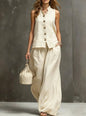 Women's Sleeveless Vest & Wide-Leg Pants Two-Piece Set – Cotton Linen FitiqueFit