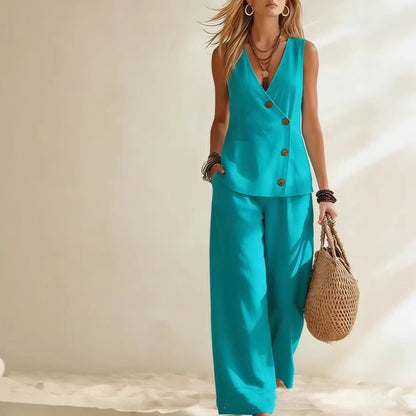 Women's Button-Up Cardigan Vest & Pants Set – Sleeveless Two-Piece FitiqueFit