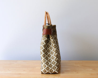Beige & Gold Handwoven Tote with Wood Handle MexiMexi
