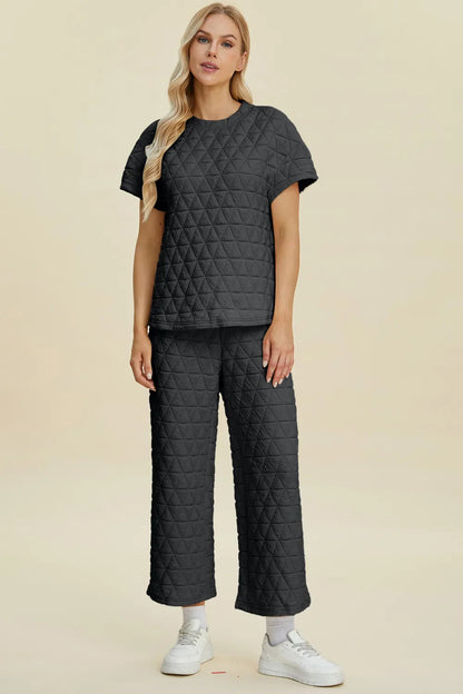 Double Take Full Size Texture Round Neck Short Sleeve Top and Pants Set West2East Surf