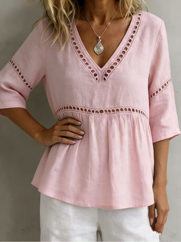 Women's V-Neck Hollow-Out Fringe Cotton-Linen Top FitiqueFit