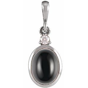 14K White 10x8 mm Natural Black Onyx & .03 CT Natural Diamond Cabochon Pendant Ethereal Legacy Boutiques