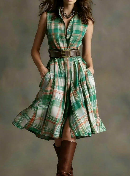 Women's Plaid Collared Sleeveless Fitted Waist Dress FitiqueFit