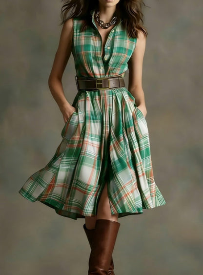 Women's Plaid Collared Sleeveless Fitted Waist Dress FitiqueFit