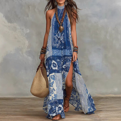 Women's Printed Halterneck Split Maxi Dress – Loose Fit Sleeveless FitiqueFit
