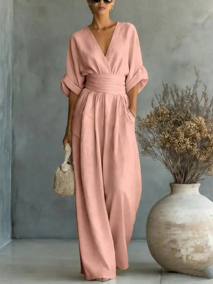 Women's V-Neck Wide-Leg Jumpsuit – High Waist Pleated Elegant 11 Colors S–5XL FitiqueFit