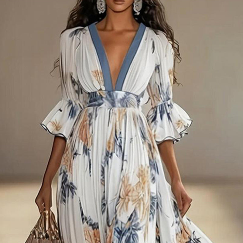 Women's Floral Print Maxi Dress With Deep V-Neck & Flare Sleeves FitiqueFit