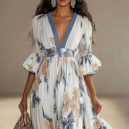 Women's Floral Print Maxi Dress With Deep V-Neck & Flare Sleeves FitiqueFit