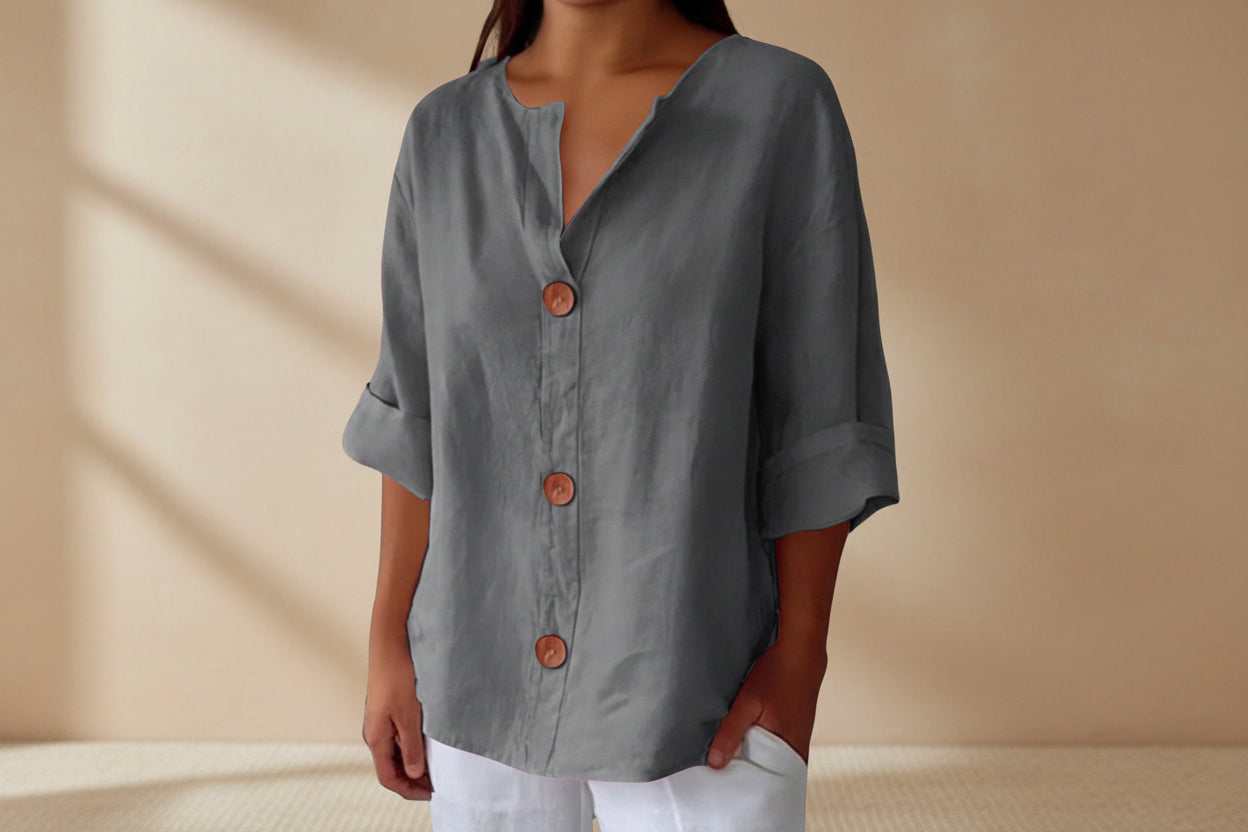 Women's V-Neck Cotton Linen Buttoned Blouse FitiqueFit