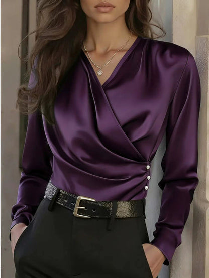 Women's Elegant Cross V-Neck Blouse, Ruffle Detail Button Accent Office Shirt FitiqueFit