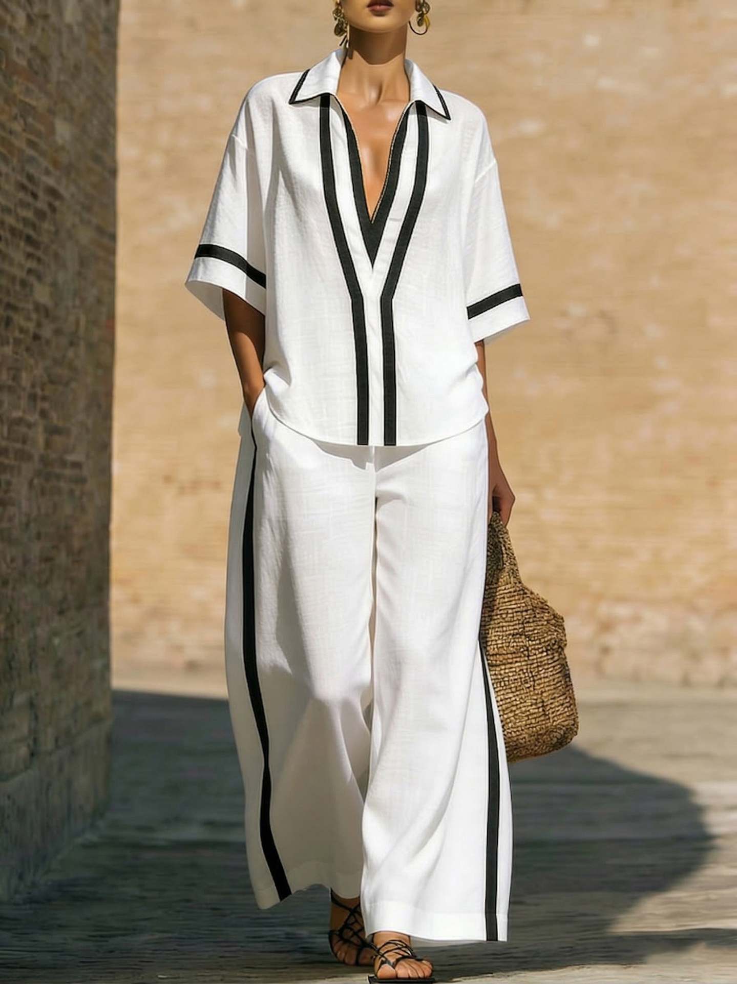 Women’s Color Block Shirt and Wide-Leg Pants Set FitiqueFit
