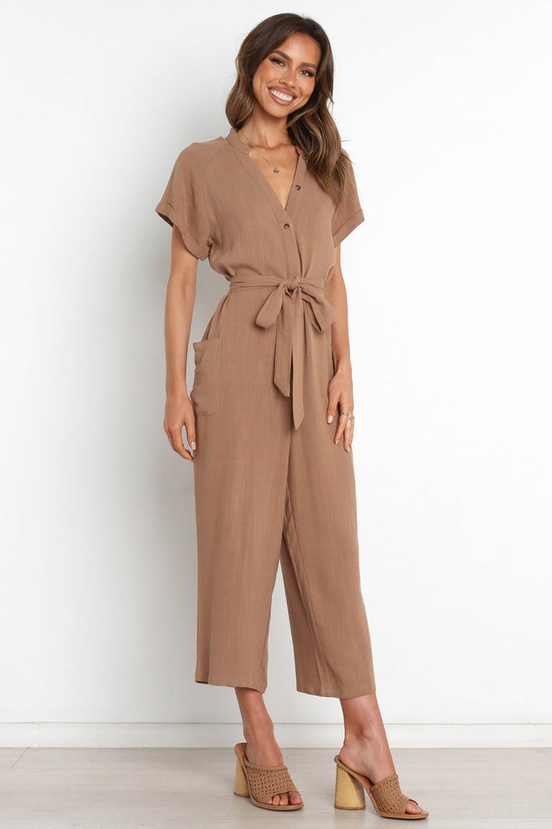 Women's V-Neck Cropped Wide-Leg Knit Jumpsuit FitiqueFit