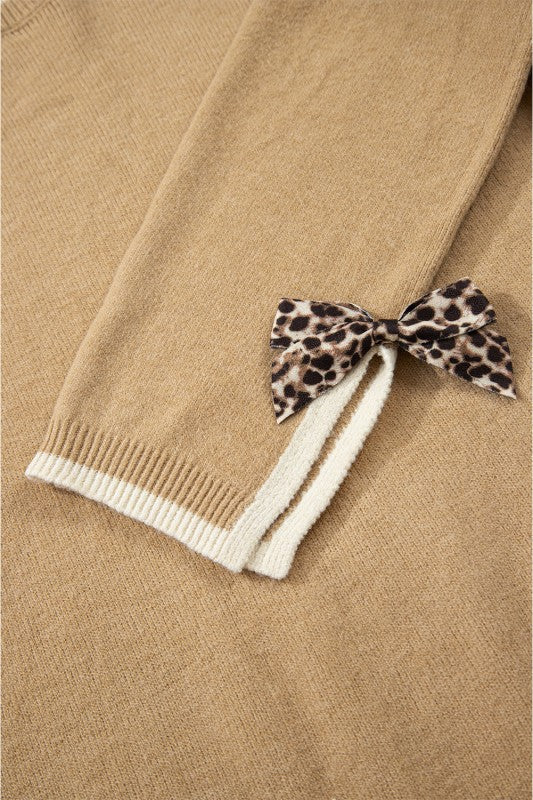 Leopard Bow Split Cuff Contrast Trim Sweater Shop Style & More | Fresh Looks, Everyday Deals & Free Shipping