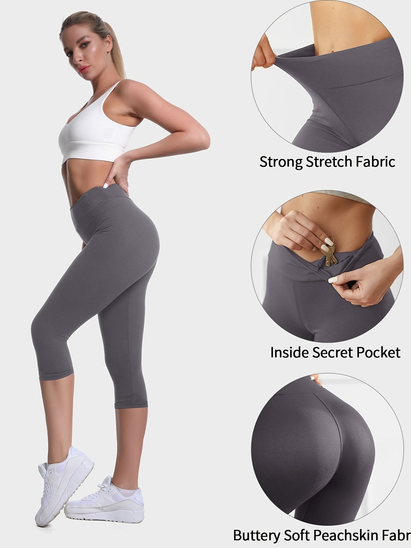 Women'S Plus Size Capri Leggings, High Waist Tummy Control, 4X Stretch, Pocket Detail, Solid Black, Knit Fabric, Polyester 92%, Spandex 8%, 210g/m², All Season Skinny Yoga Pants NovaCart