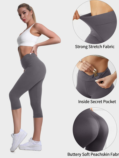Women'S Plus Size Capri Leggings, High Waist Tummy Control, 4X Stretch, Pocket Detail, Solid Black, Knit Fabric, Polyester 92%, Spandex 8%, 210g/m², All Season Skinny Yoga Pants NovaCart