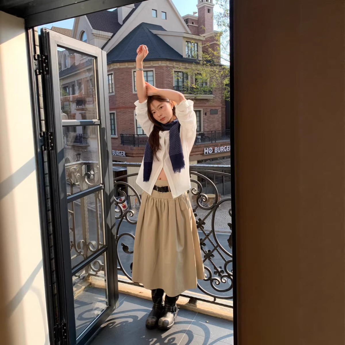 Relaxed A-Line Crushed Pleat Cotton Midi Skirt with Belt FitiqueFit