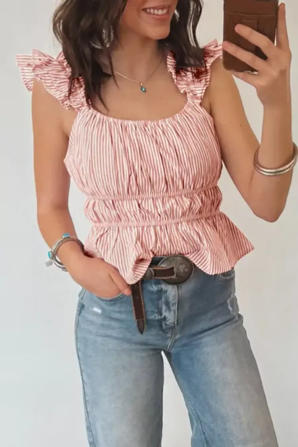 Striped Ruffle Sleeve Smocked Blouse New Era Fashion LLc