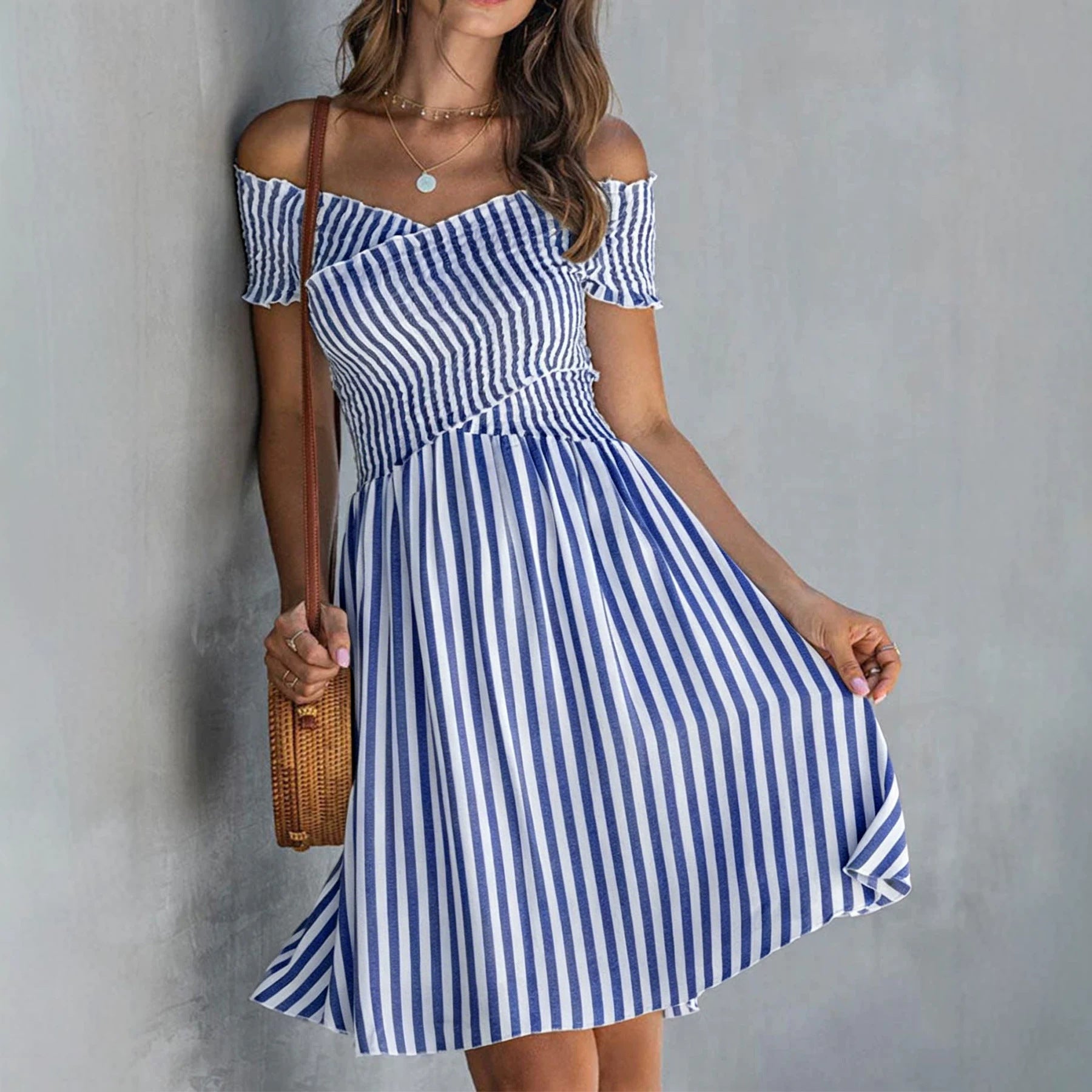 Women's Off-Shoulder Striped Waist-Cinching Midi Dress FitiqueFit