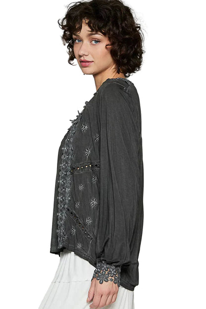 POL Floral Embroidery Woven Top with Lace Trim West2East Surf
