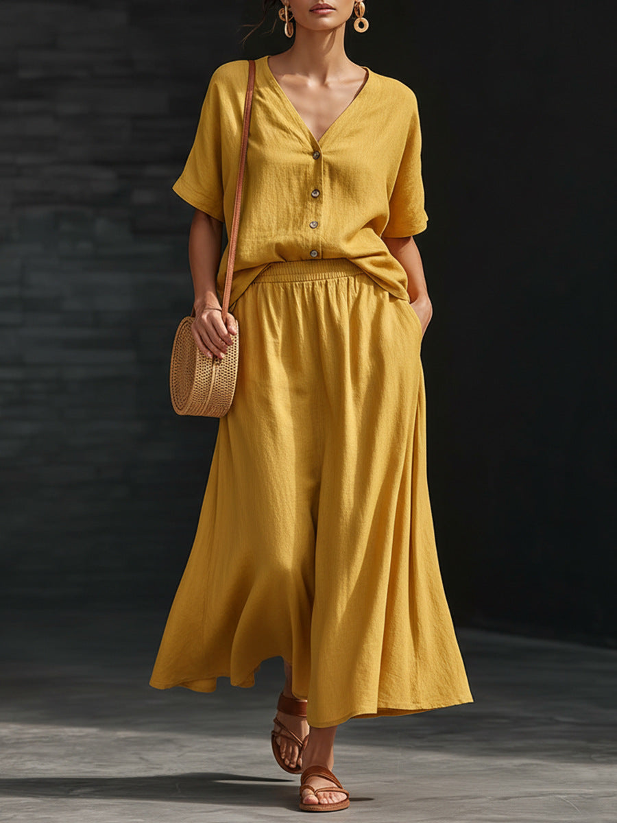 Women's Cotton-Linen V-Neck Button-Up Top & Long Skirt Set FitiqueFit