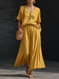 Women's Cotton-Linen V-Neck Button-Up Top & Long Skirt Set FitiqueFit
