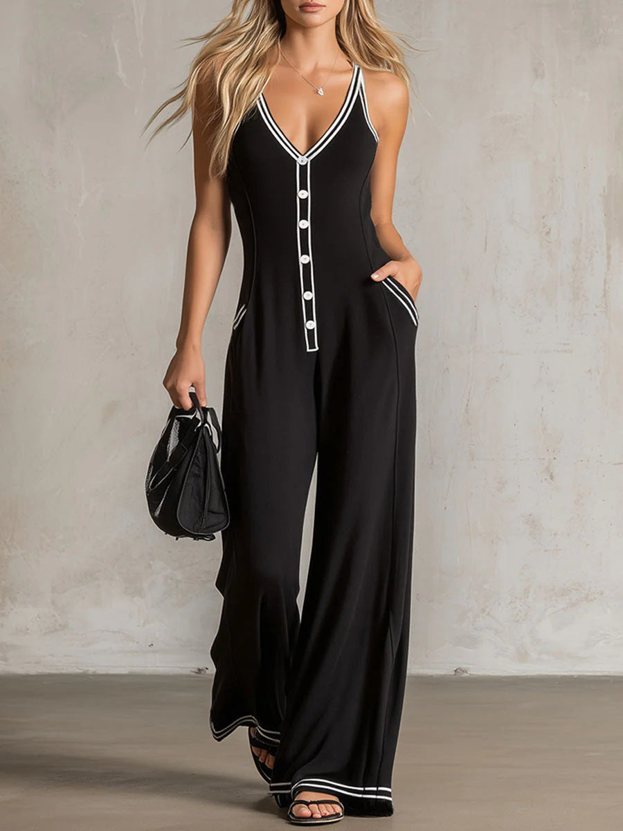 Women's V-Neck Backless Wide-Leg Jumpsuit – High Waist Casual FitiqueFit
