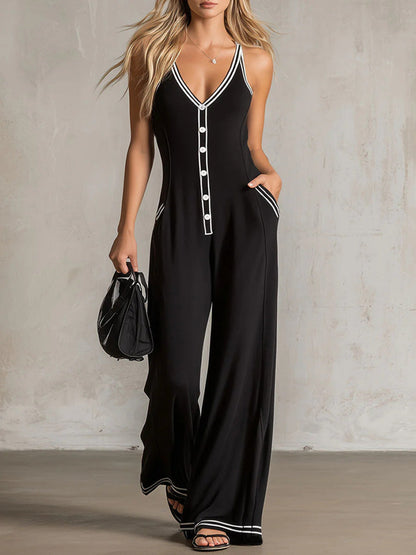 Women's V-Neck Backless Wide-Leg Jumpsuit – High Waist Casual FitiqueFit